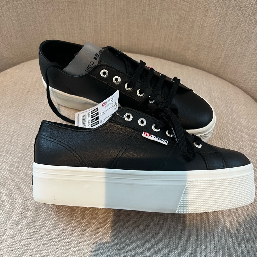 Black leather Superga platform shoes